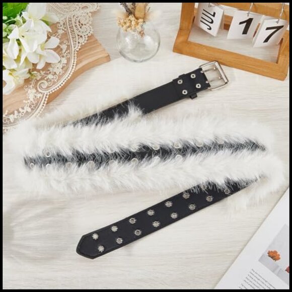 Faux Fur PU Leather Adjustable Waist Belt Y2K Punk Grunge Wide Cinch main image 6